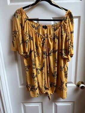 Floral Mustard Off-Shoulder Tie-Front Tunic